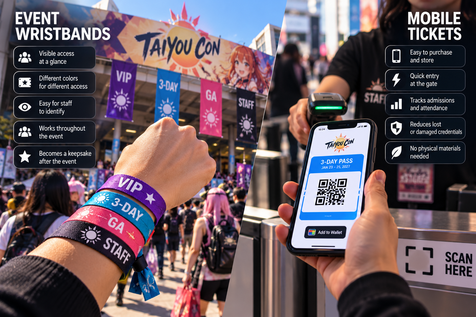 Event wristbands in different colors for VIP, three-day, general admission and staff access beside a mobile ticket with a QR code being scanned at an event entrance