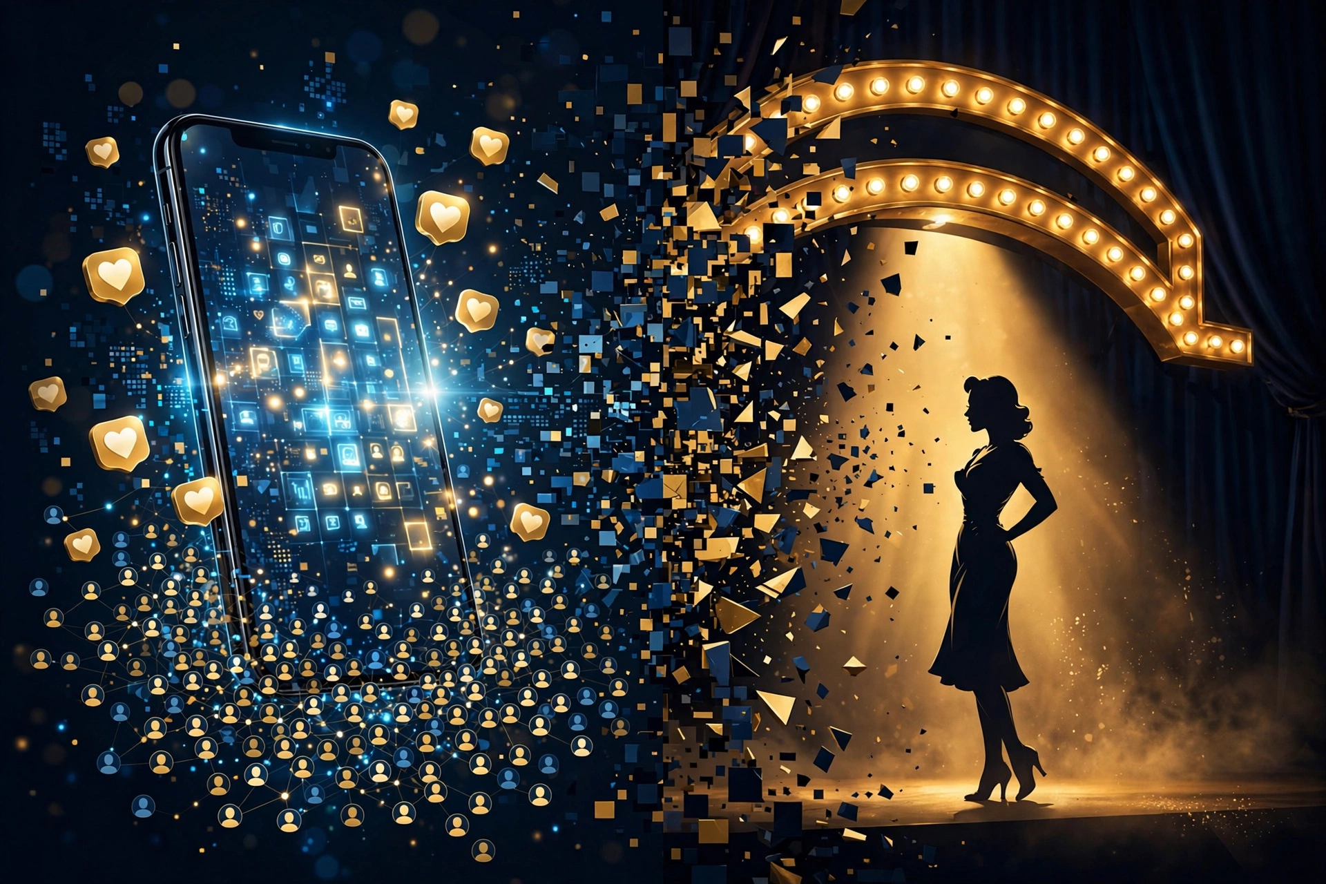 A glowing smartphone surrounded by social media likes and follower icons dissolving into pixels, beside a vintage Hollywood marquee spotlight with a film star silhouette