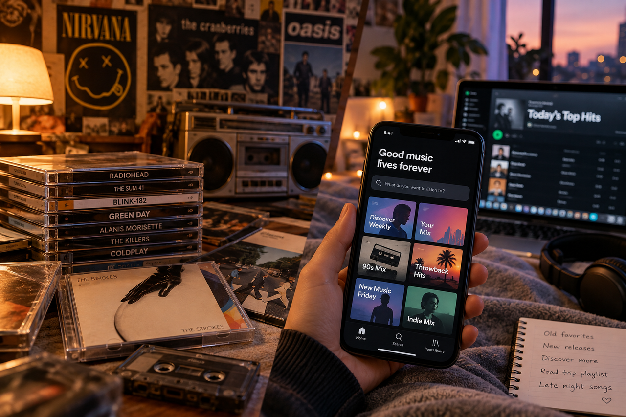A cozy desk scene with vintage CDs from classic rock bands and a boombox beside a smartphone showing streaming playlists like Throwback Hits and New Music Friday